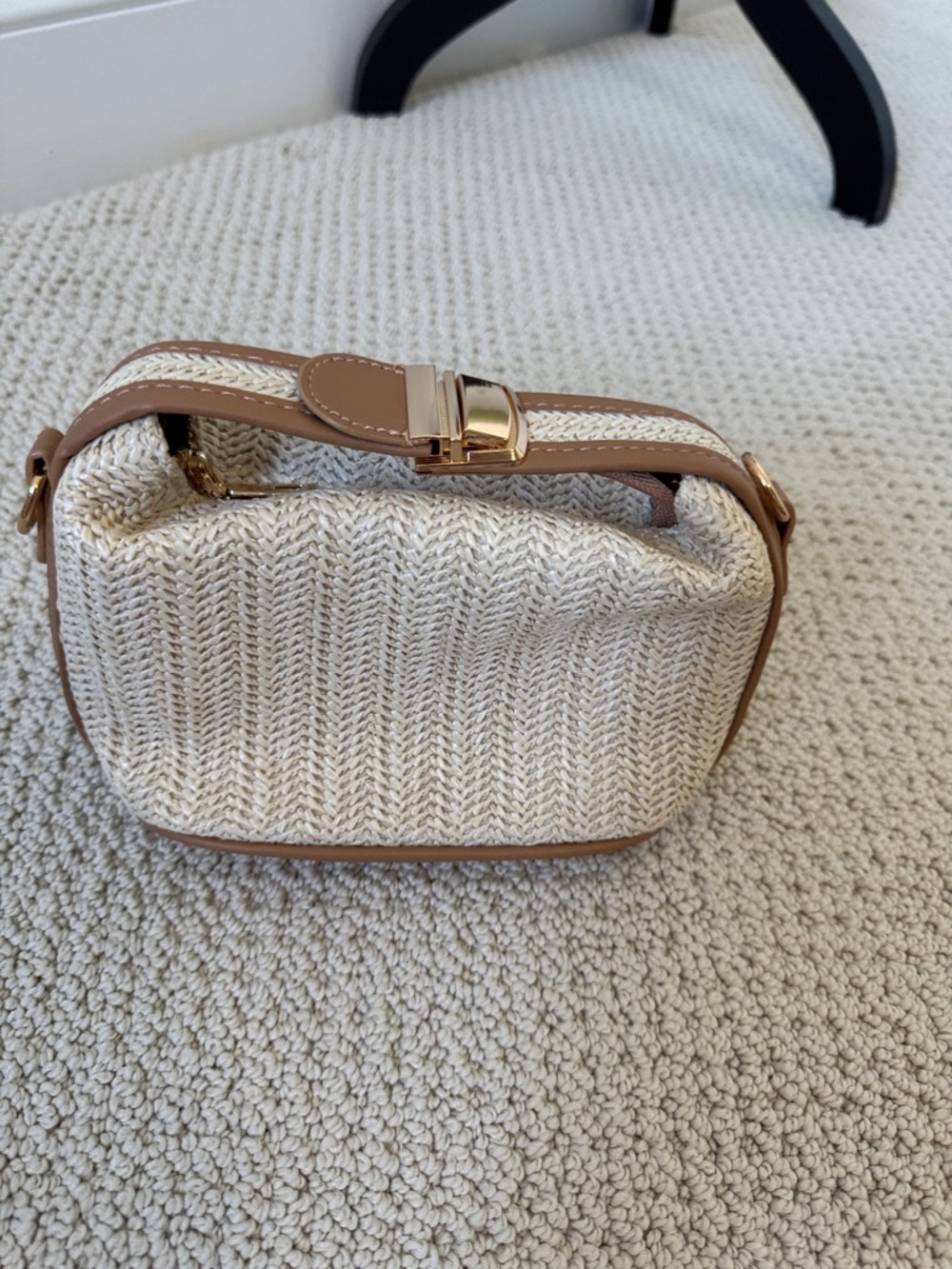 Amazon Cream Woven Crossbody with Tan Trim and Gold Hardware